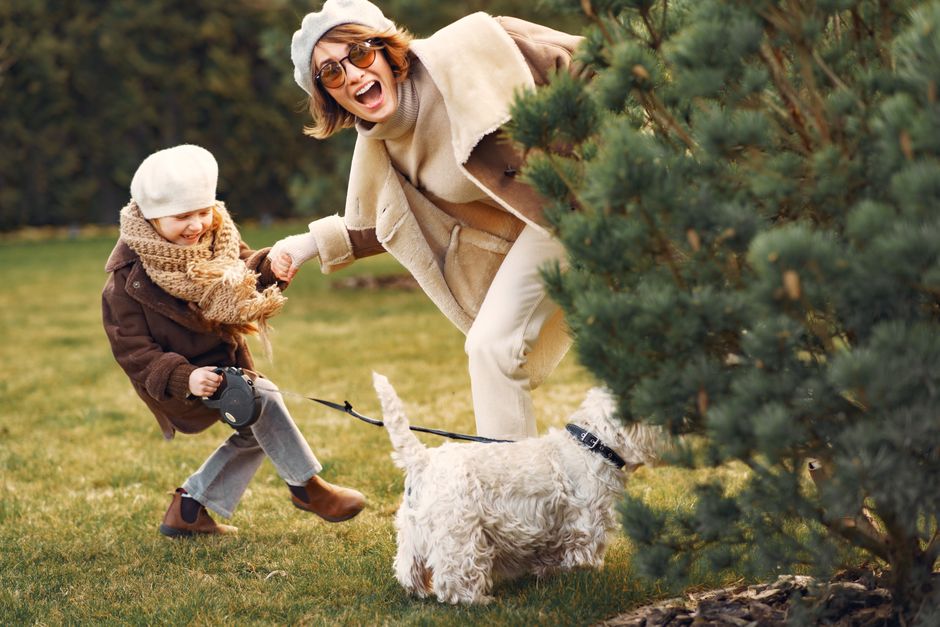 A happy mother and daughter enjoying a walk with their pet dog on a crisp fall day.