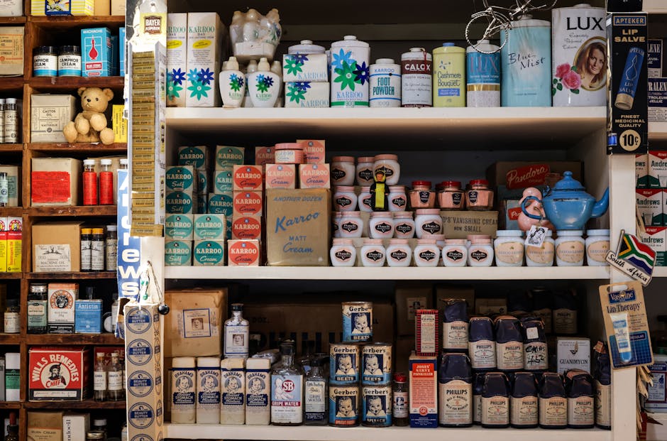 Retro grocery store shelves filled with vintage packaging and products.