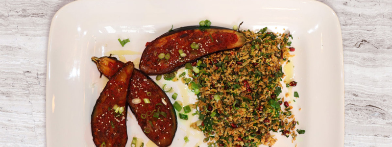 Roasted aubergine with chilli sauce & cauliflower couscous recipe