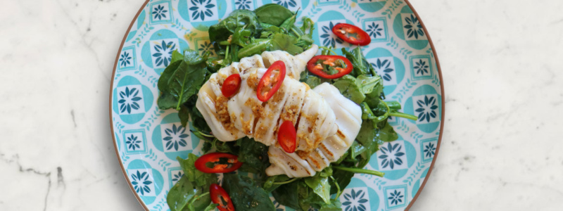 BBQ Squid with Asian-Dressed Green Salad Recipe BBQ Squid with Asian-Dressed Green Salad Recipe